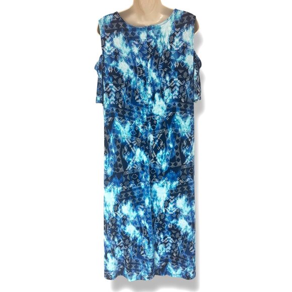 Catherines Blue Print Cold Shoulder Twist Knot Midi Dress Size 5X 34/36W Plus Sz - Picture 4 of 8